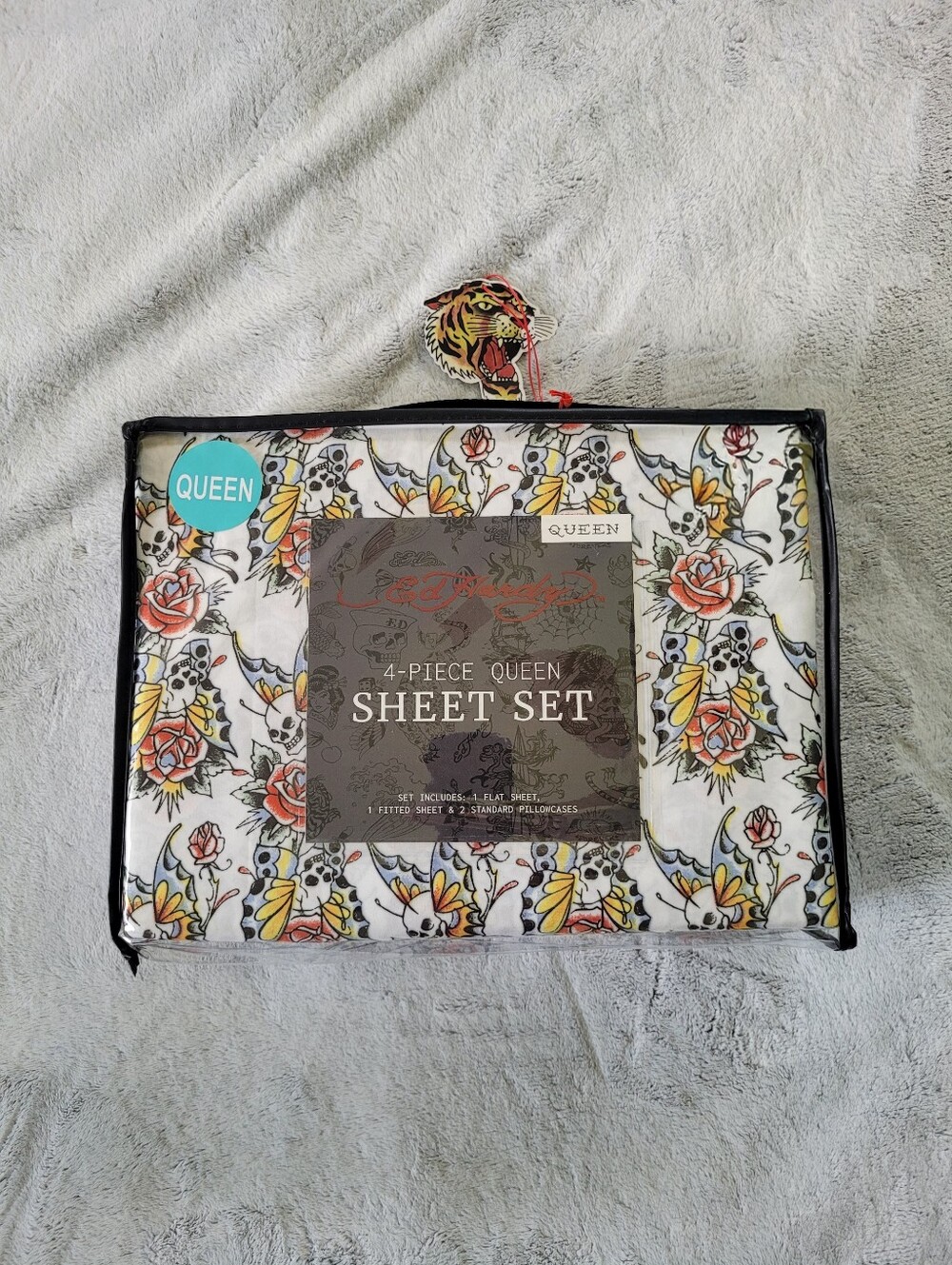 Ed Hardy Queen Size Bedsheet Set Roses Skulls Butterfly Tattoo Y2K Deep Pocket